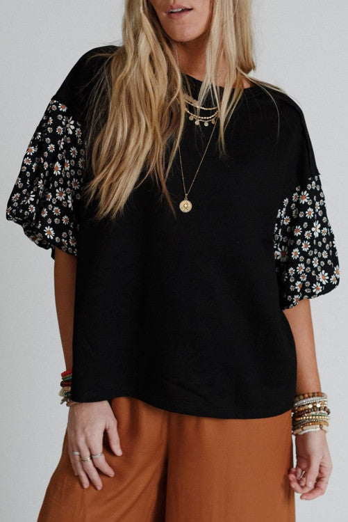 BLACK FLORAL PUFF SLEEVE TOP