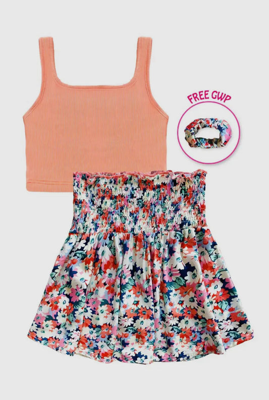 CORAL FLORAL SKIRT SET