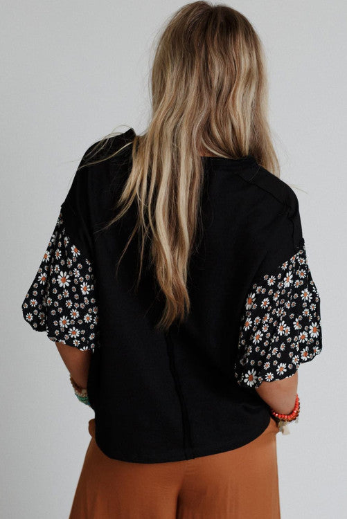 BLACK FLORAL PUFF SLEEVE TOP