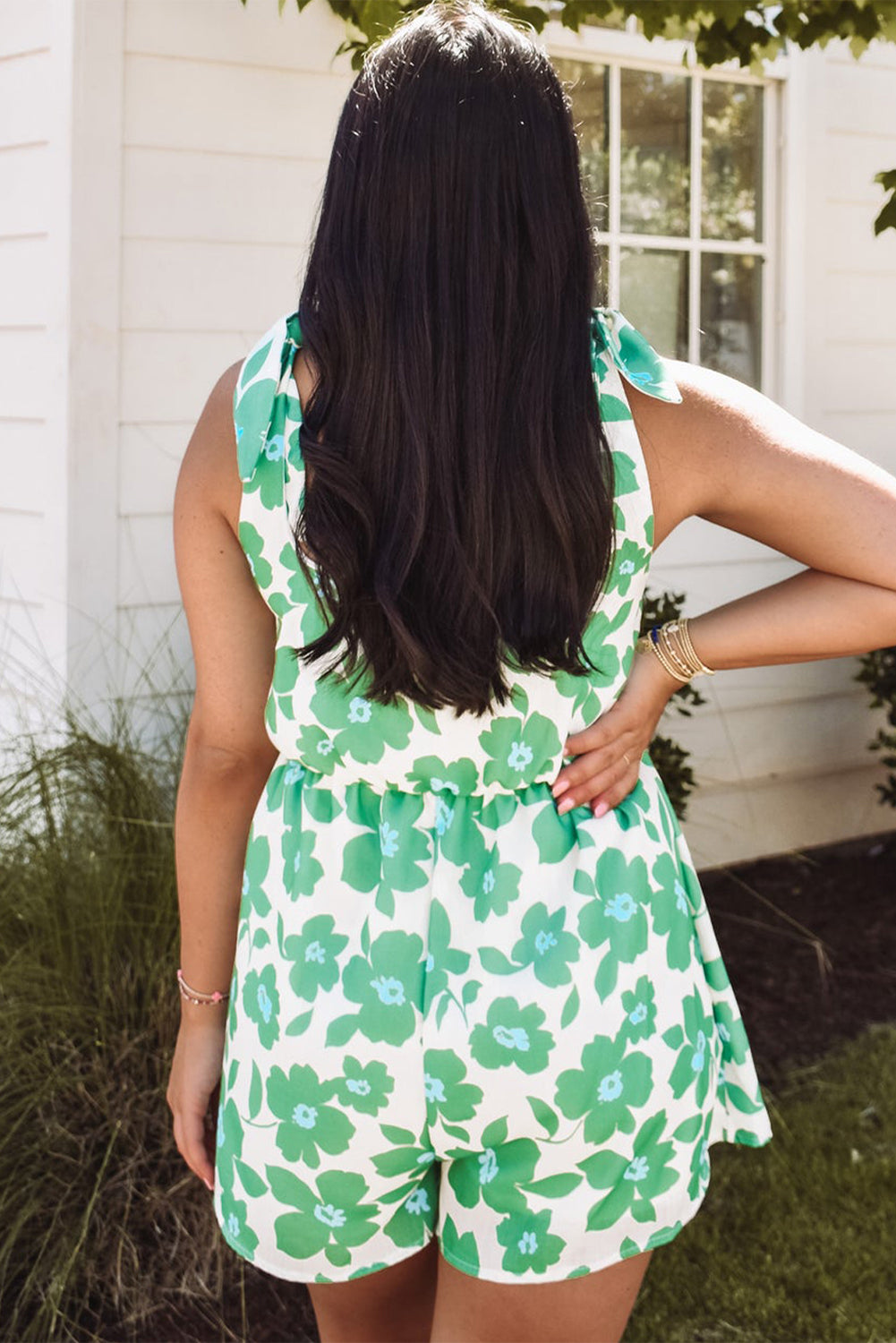 GREEN FLORAL KNOTTED ROMPER